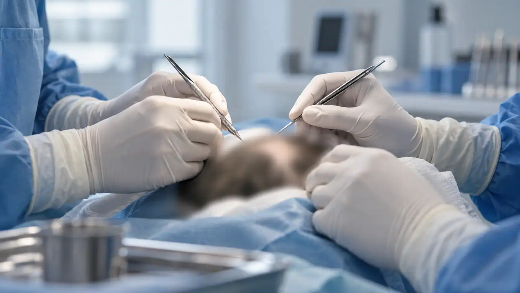 Gloved surgical hands performing a hair transplant procedure with the treatment area softly blurred
