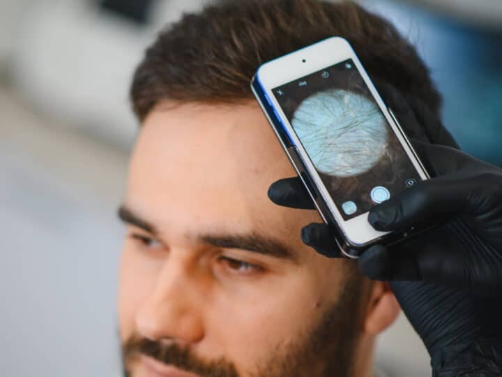 bearded man examines scalp with phone camera 2026 03 31 17 14 30 utc