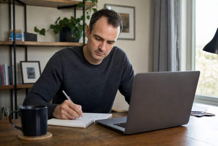 Man preparing meeting notes at his home desk