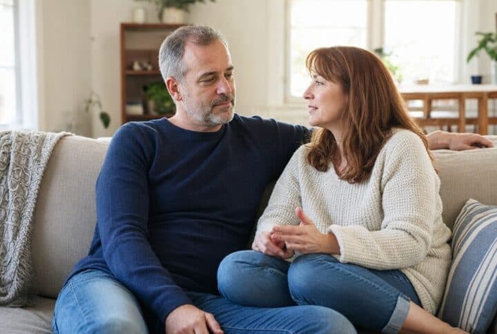 Couple having a supportive conversation on a sofa
