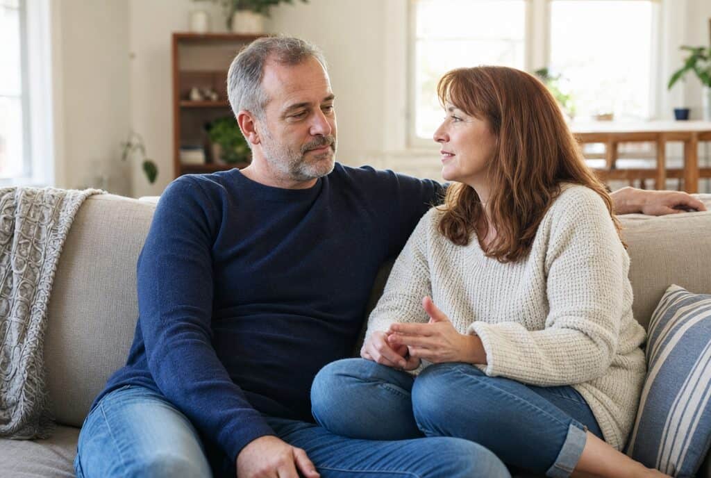 Couple having a supportive conversation on a sofa