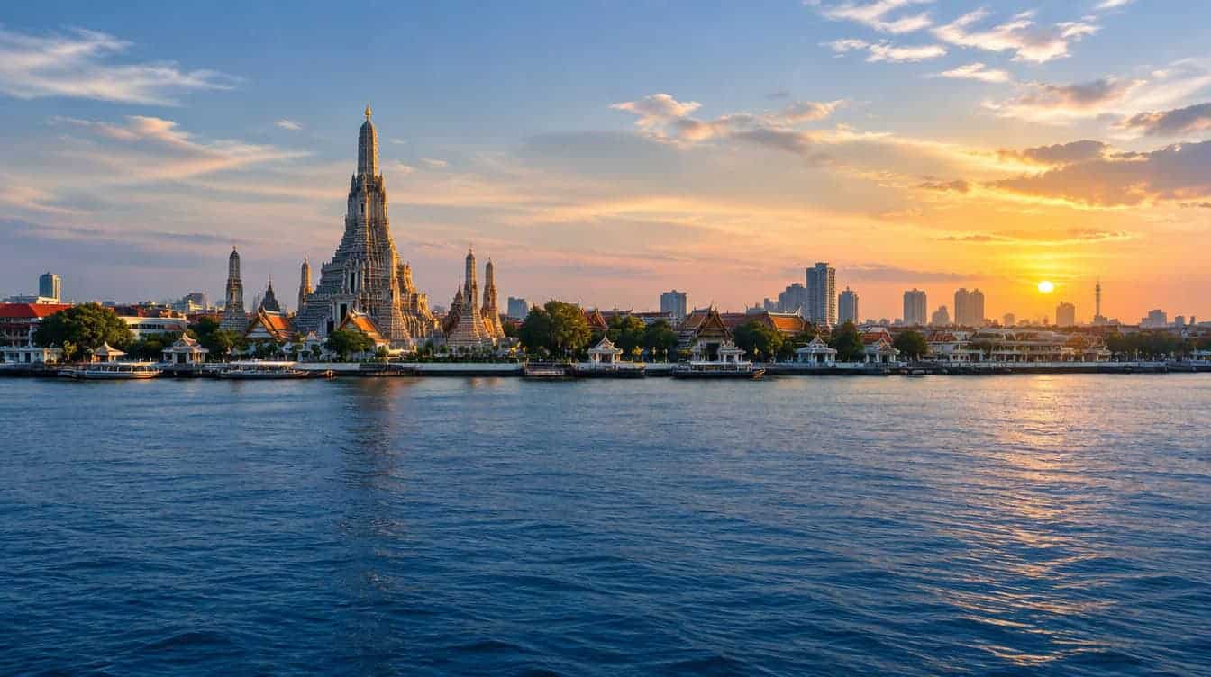 Illustrative wide view of Wat Arun and the Chao Phraya River in Bangkok.