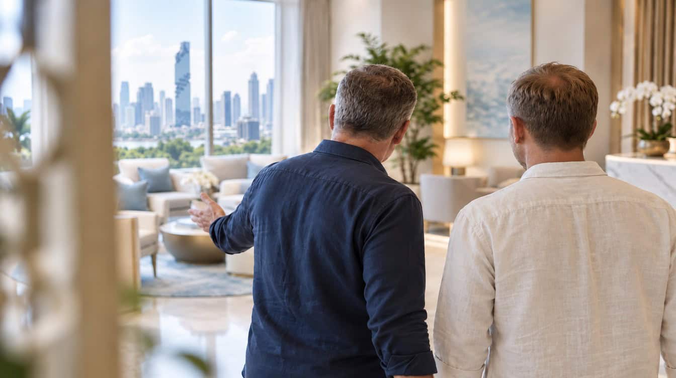 Illustrative rear view of a coordinator welcoming a male client in a Bangkok lounge.