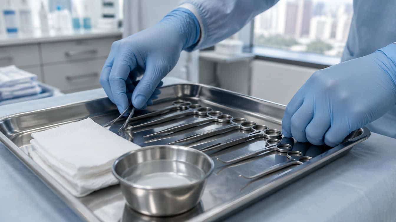 Illustrative gloved hands preparing surgical instruments on a sterile tray.