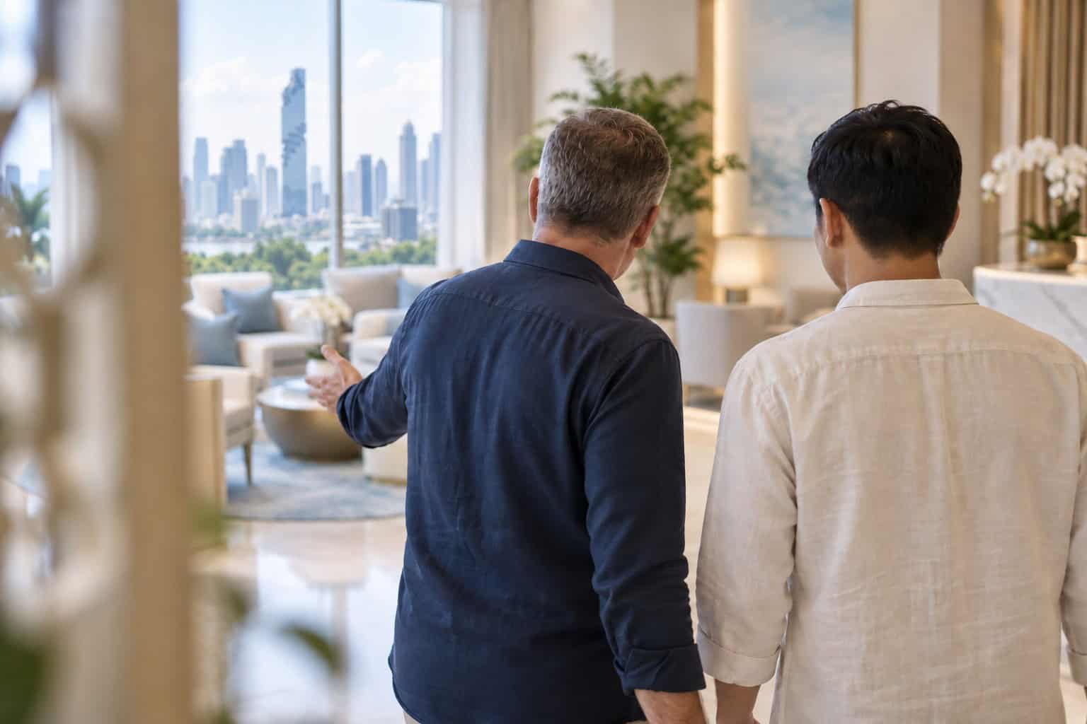 Illustrative rear-view scene of a coordinator welcoming a client in Bangkok.