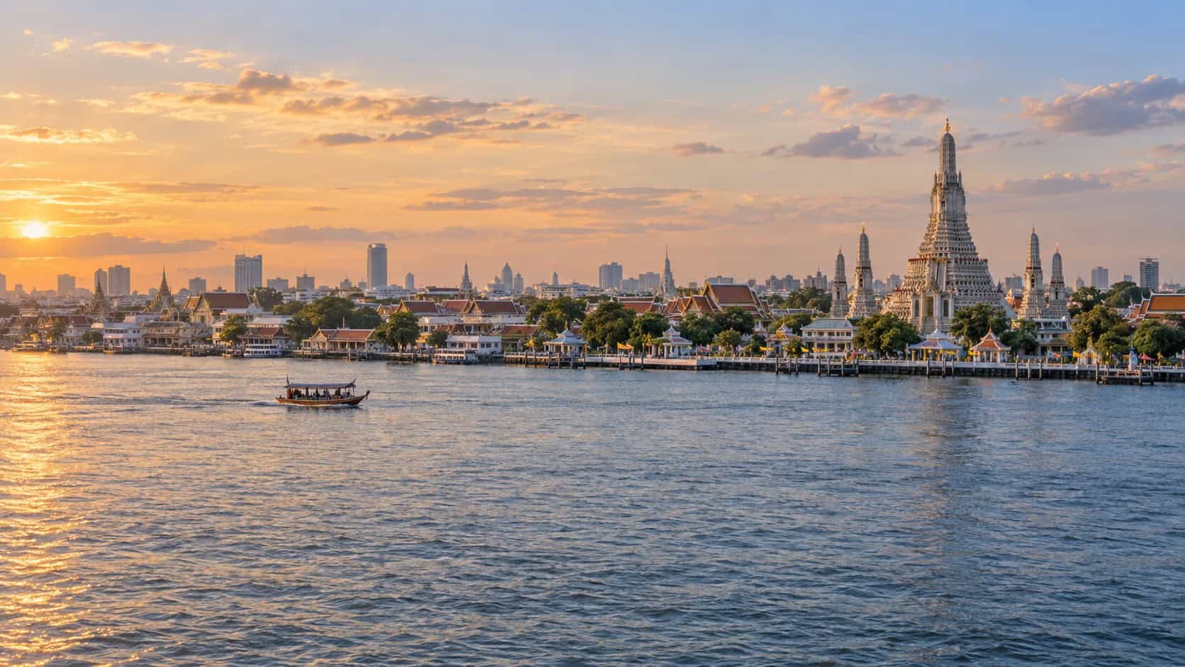 Illustrative wide view of Wat Arun and the Chao Phraya River in Bangkok.